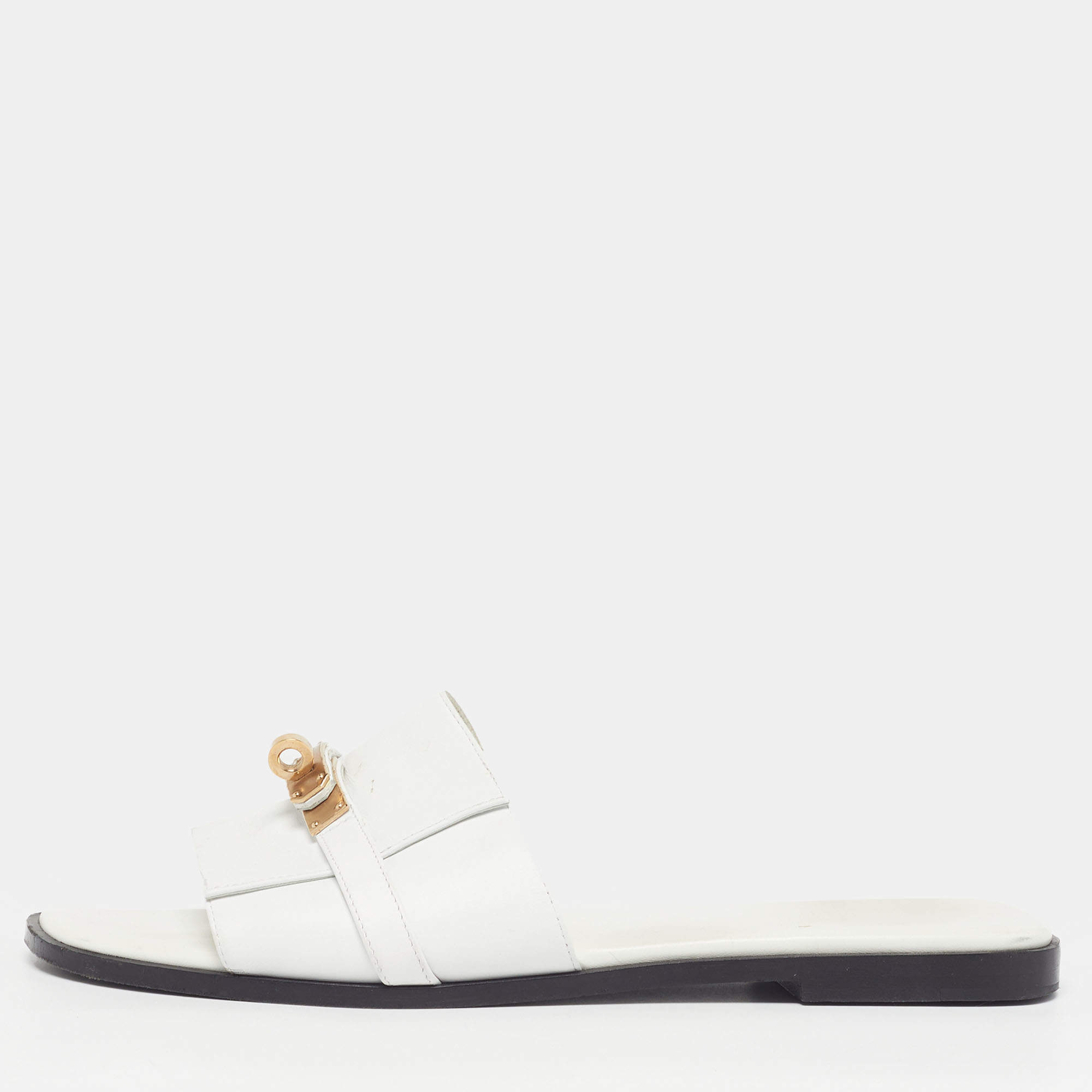 Pre Owned Hermes Giulia Size 41 White Leather Flat Slides
