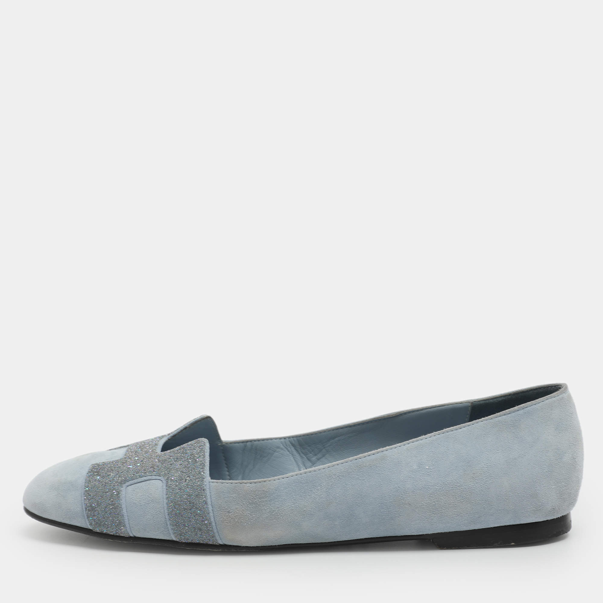 مملوكة مسبقًا Hermes Nice Size 37.5 Light Blue Crystals and Suede Ballet Flats