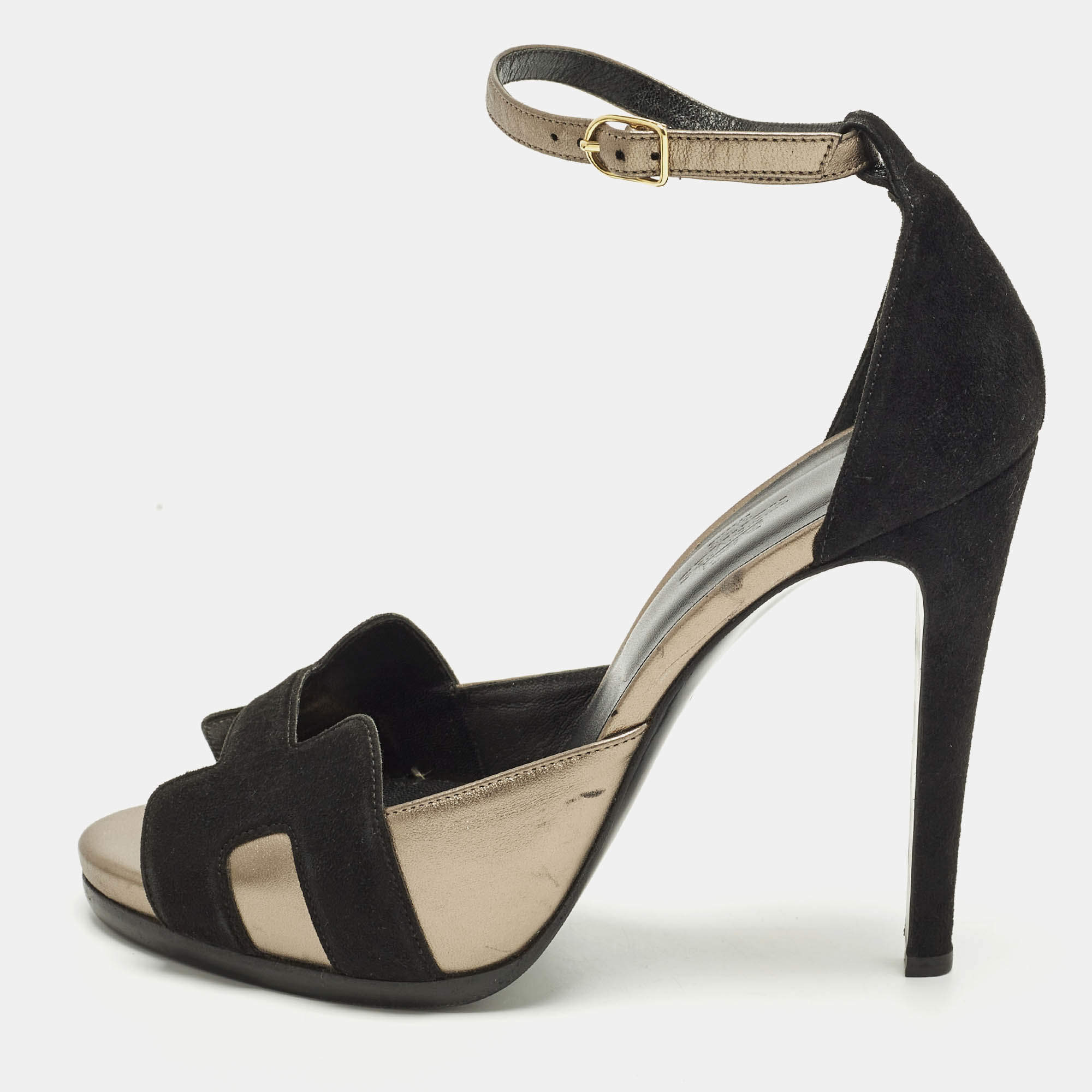 Pre Owned Hermes Premiere 70 Size 39 Black/Gold Leather and Suede Ankle Strap Sandals