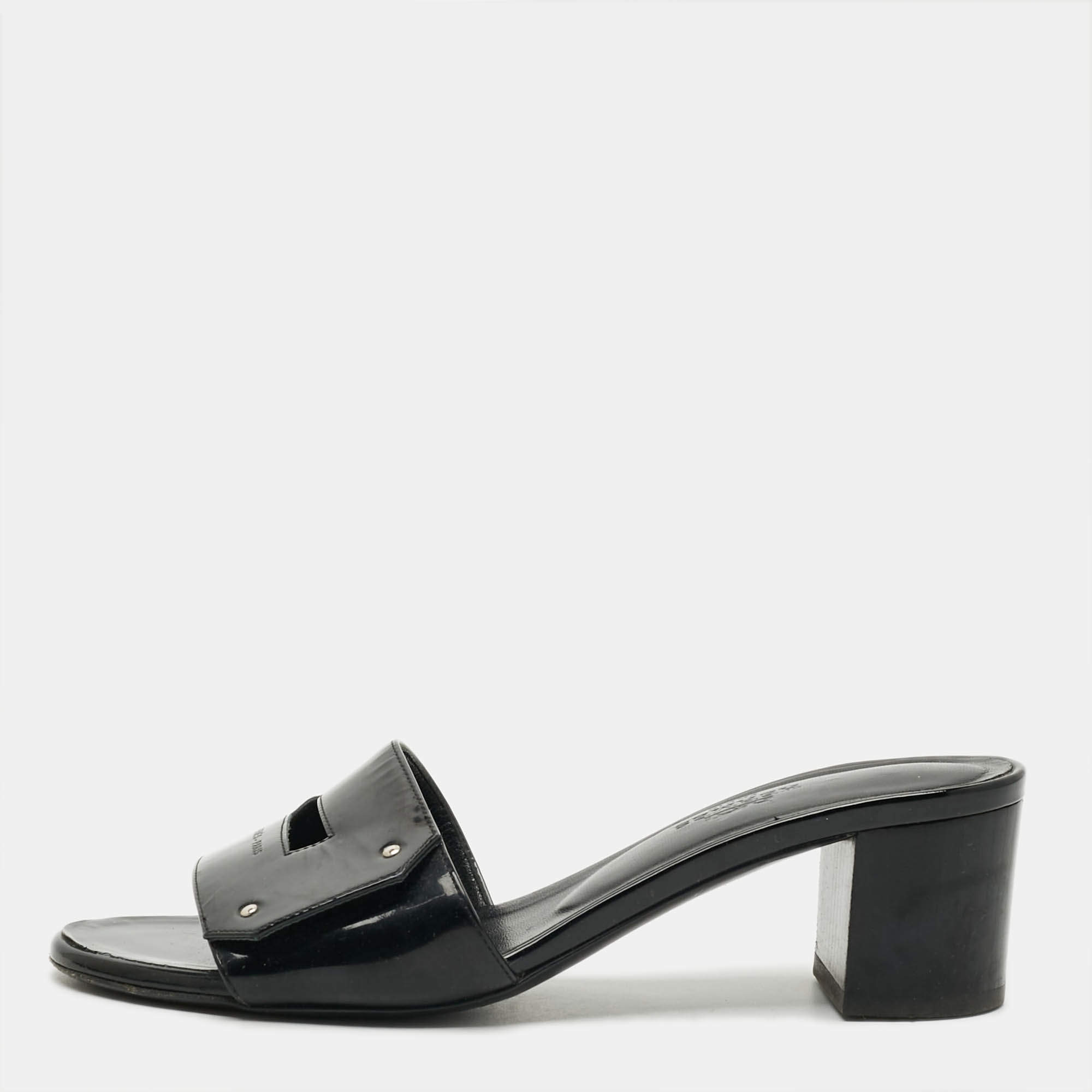 Pre Owned Hermes View Size 35 Black Patent Leather Slide Sandals