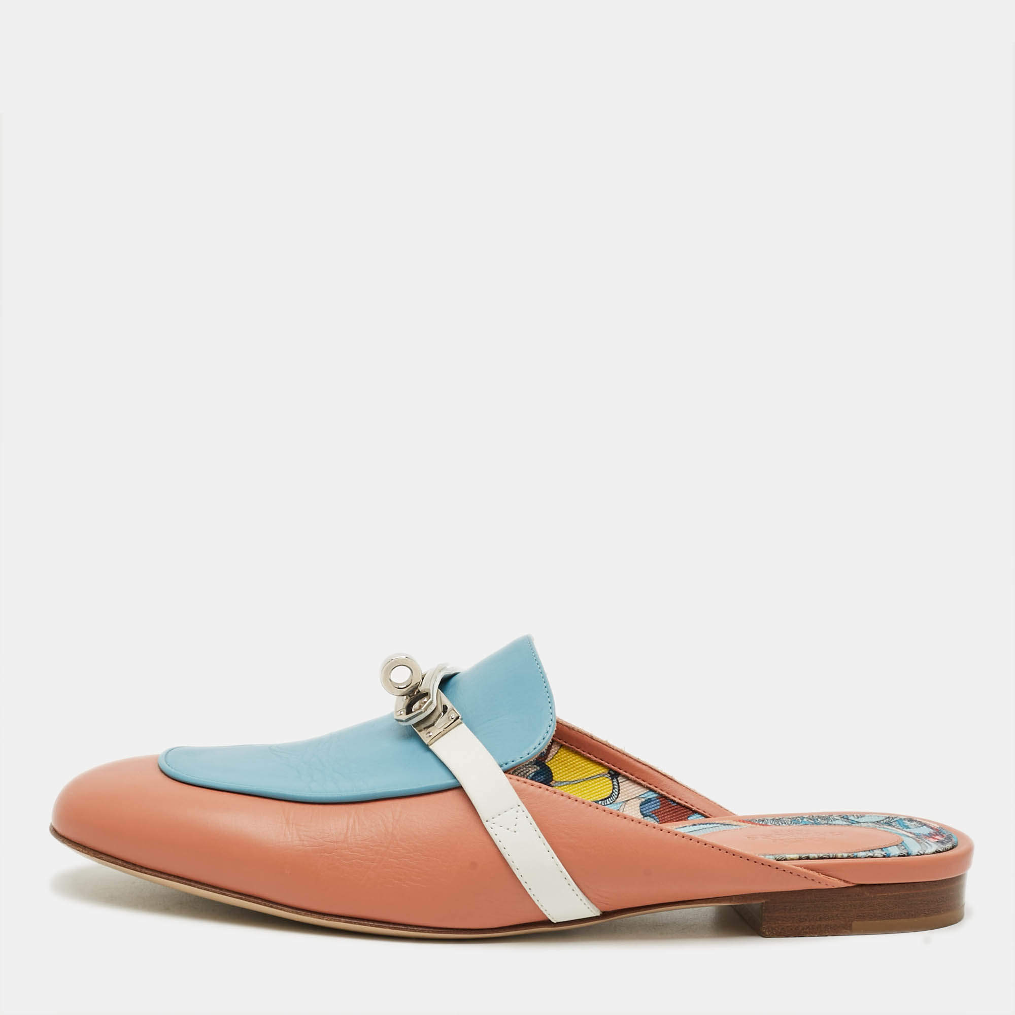 Pre Owned Hermes Oz Size 39 Tricolor Leather Flat Mules