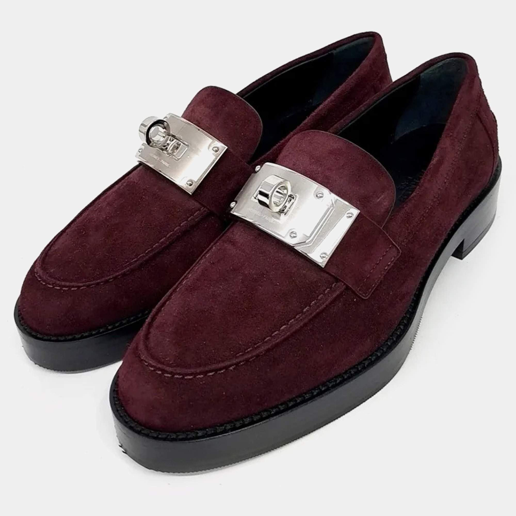 Pre Owned Hermès Hot Burgundy Suede Loafers SHW EU 37 