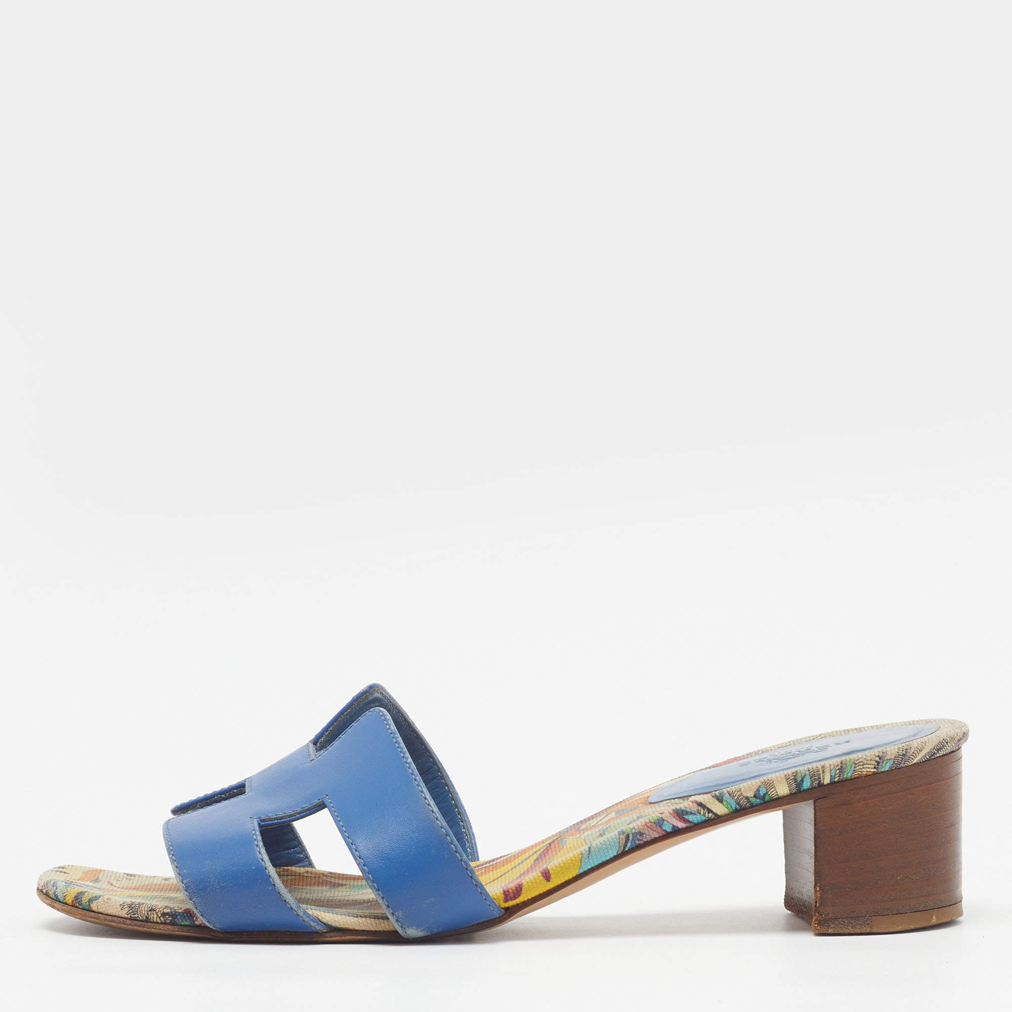 مملوكة مسبقًا Hermes Oasis Size 36.5 Blue Leather Block Heel Slide Sandals