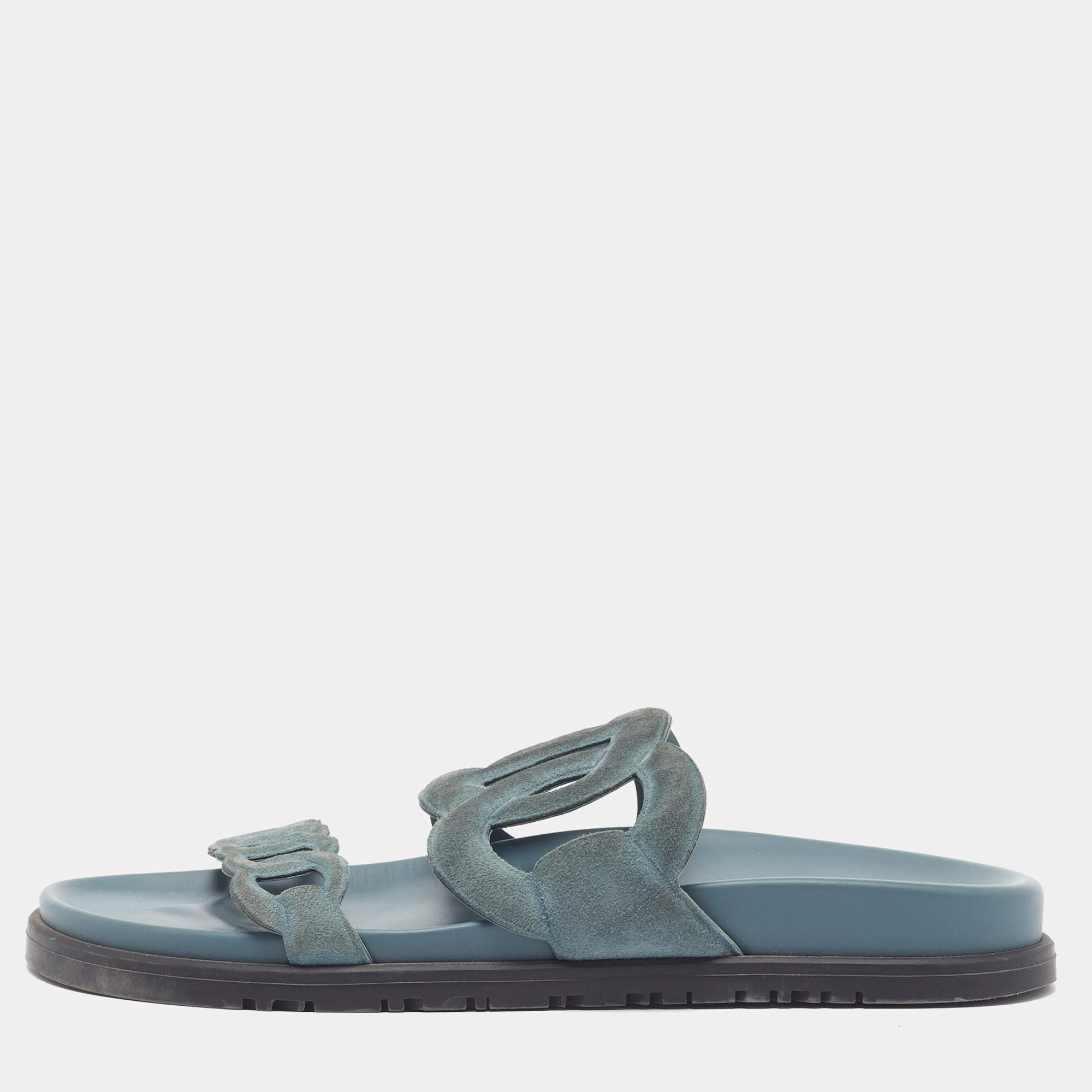 Pre Owned Hermes Extra Size 38 Blue Suede Slide Sandals