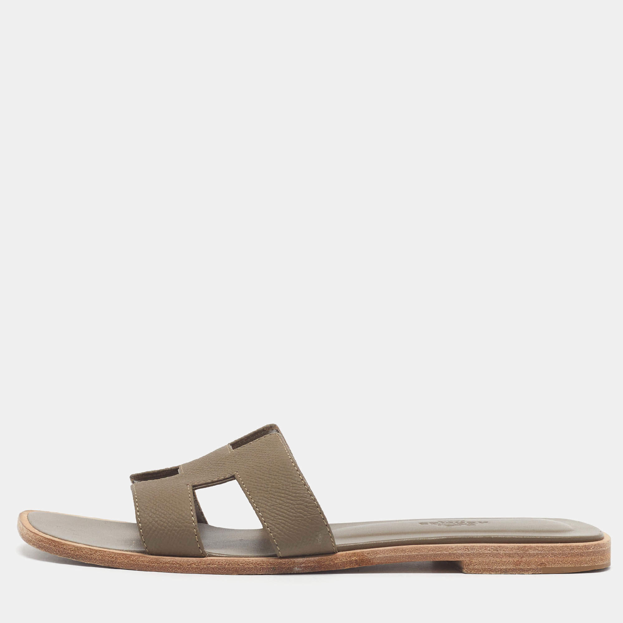 Pre Owned Hermes Oran Size 37.5 Brown Epsom Leather Flat Slides 