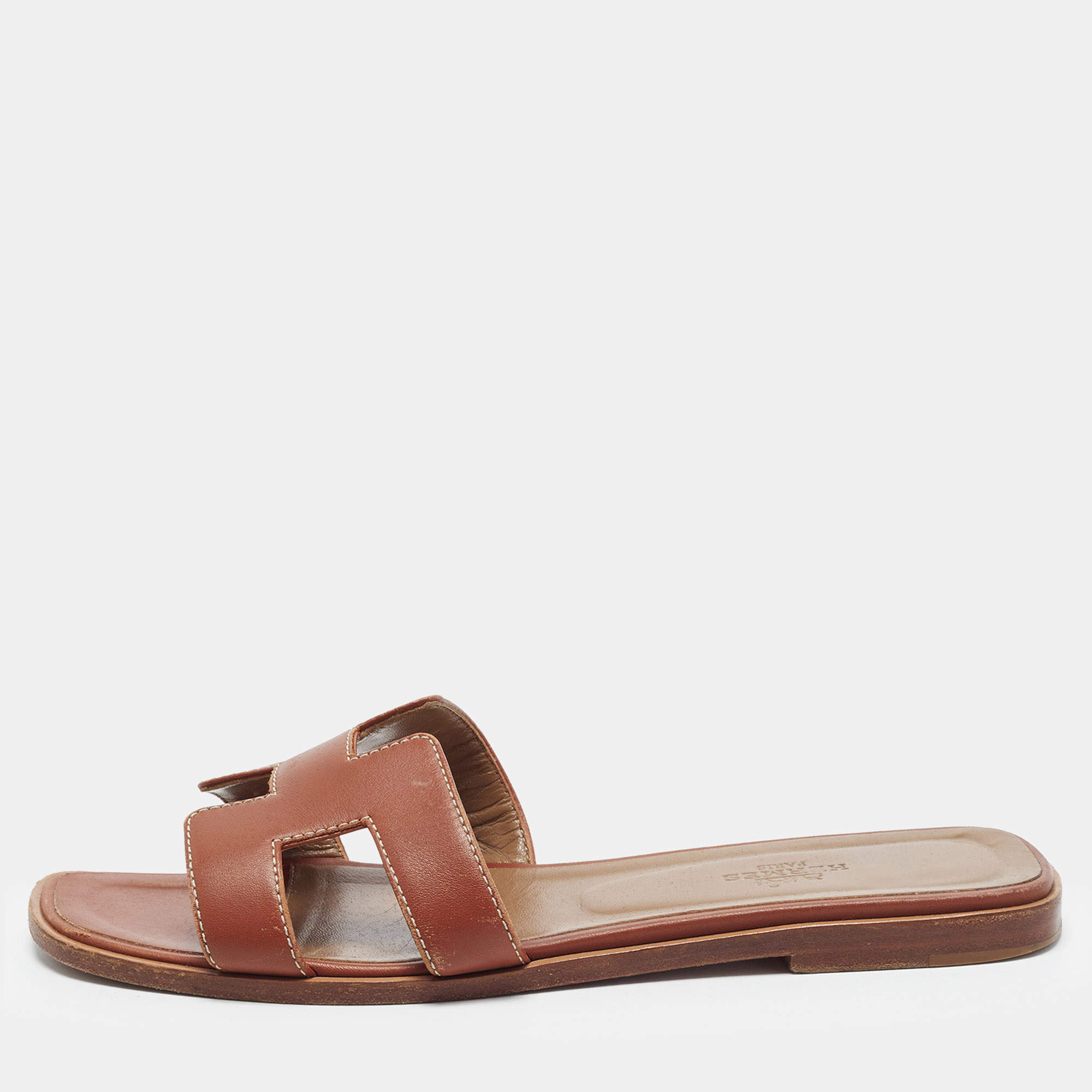 Pre Owned Hermès Oran Size 38 Brown Leather Flat Slides
