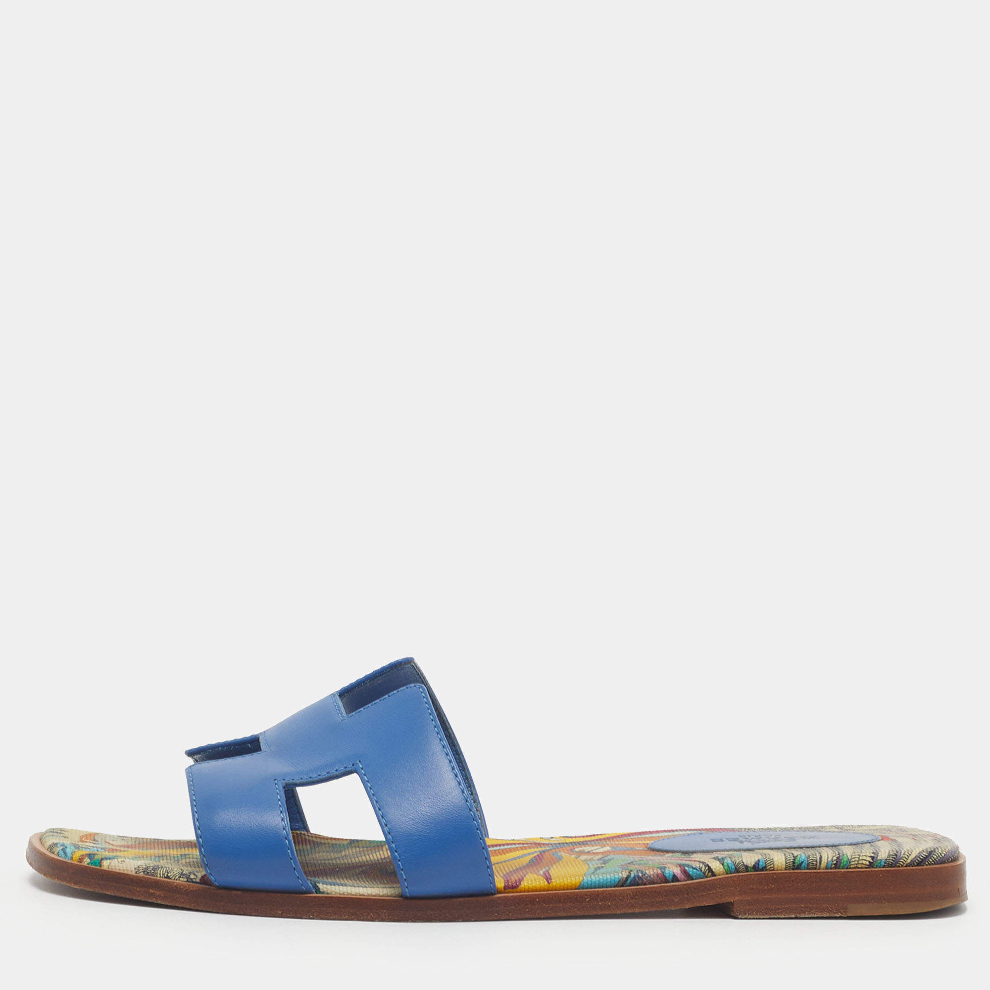 Pre Owned Hermes Oran Size 38 Blue Leather Flat Slides 