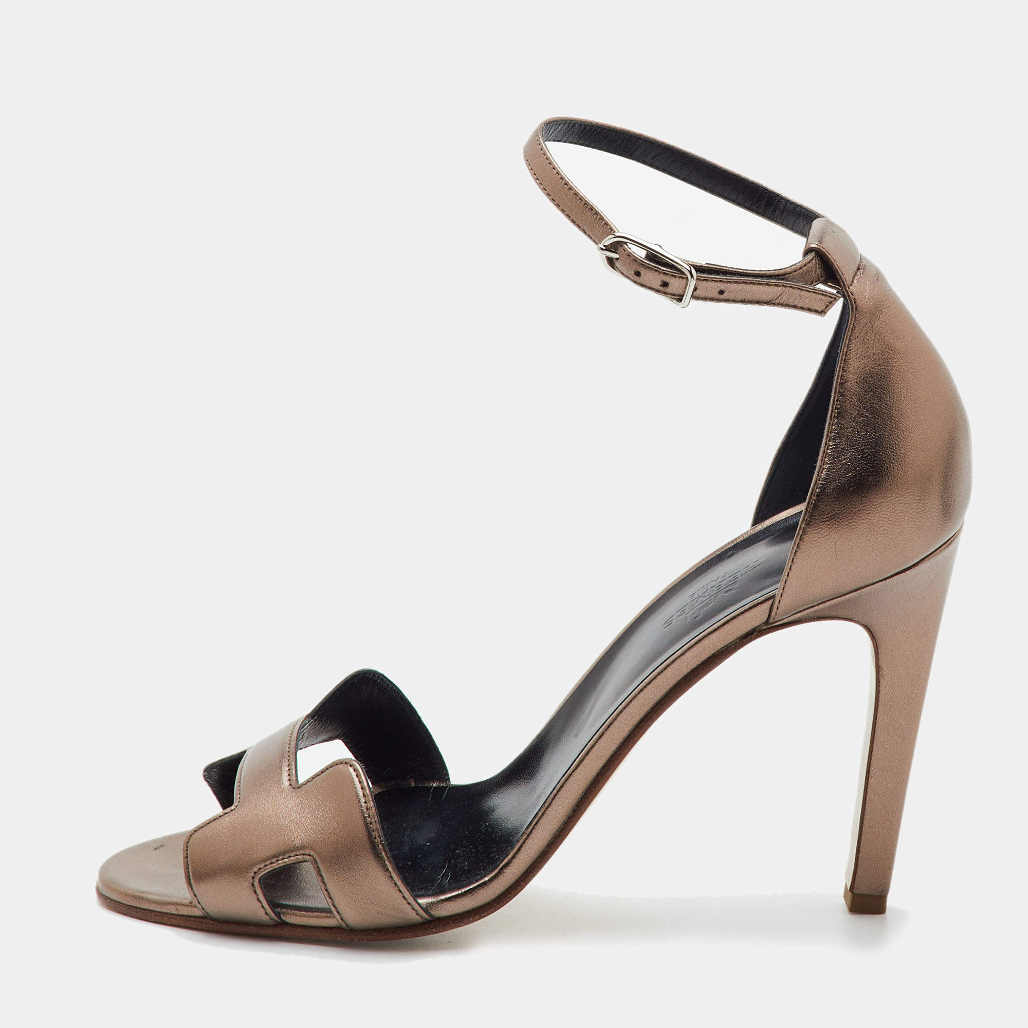 Pre Owned Hermes Premiere Size 39.5 Brown Metallic Leather Ankle Strap Sandals