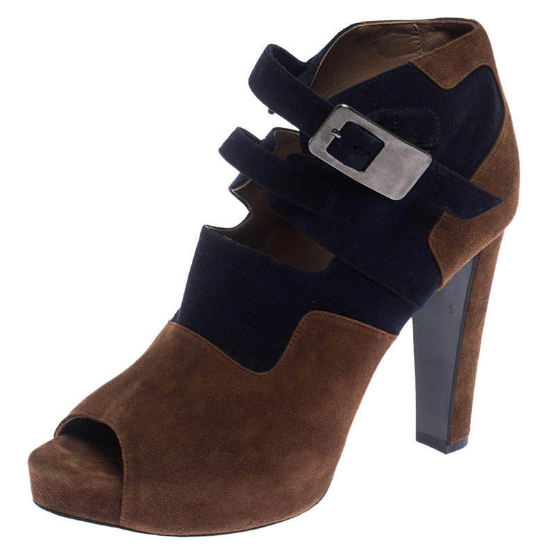 Hermes Blue/Brown Suede Double Ankle Strap Open Toe Booties Size 40
