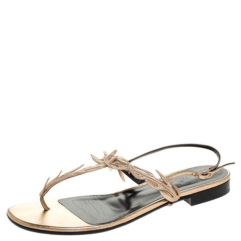 Hermes Metallic Rose Gold Leather Ankle Strap Thong Flats Size 40