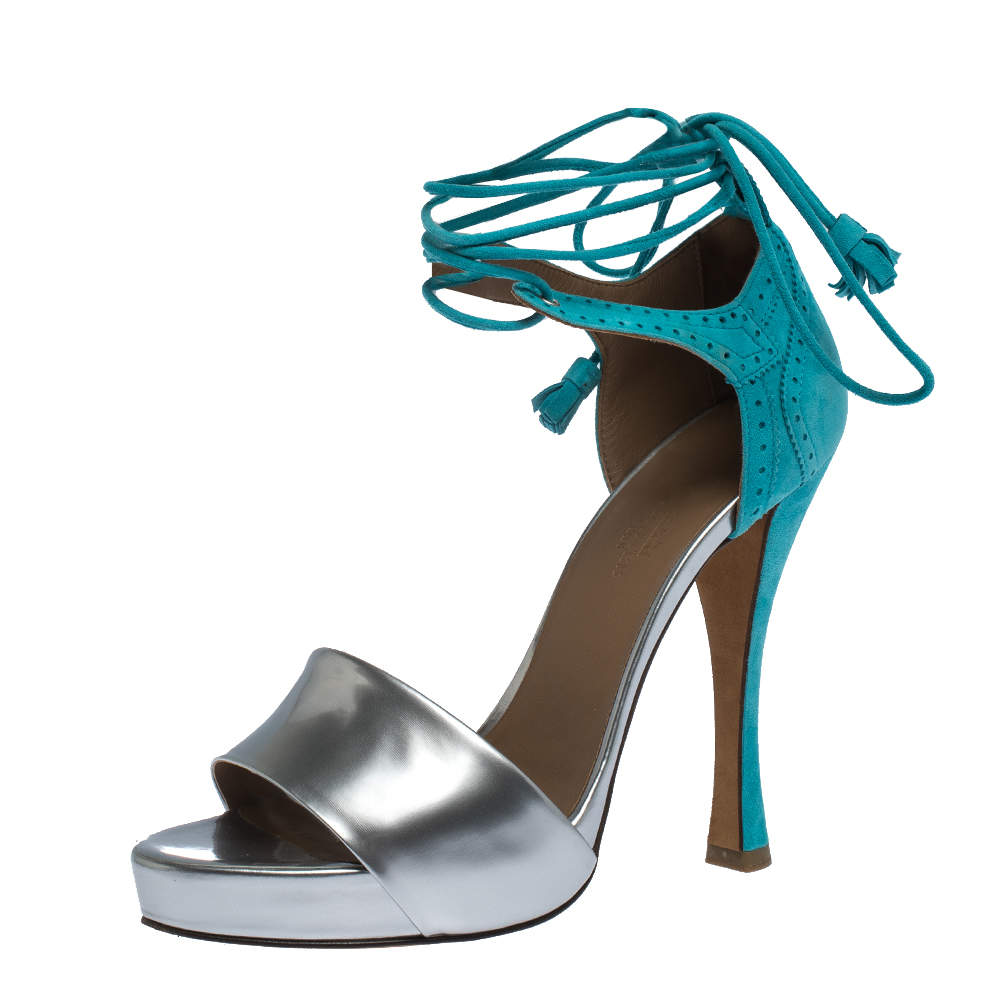 Pre Owned Hermes Turquoise/Silver Brogue Suede and Patent Leather Ankle Wrap Sandals Size 38