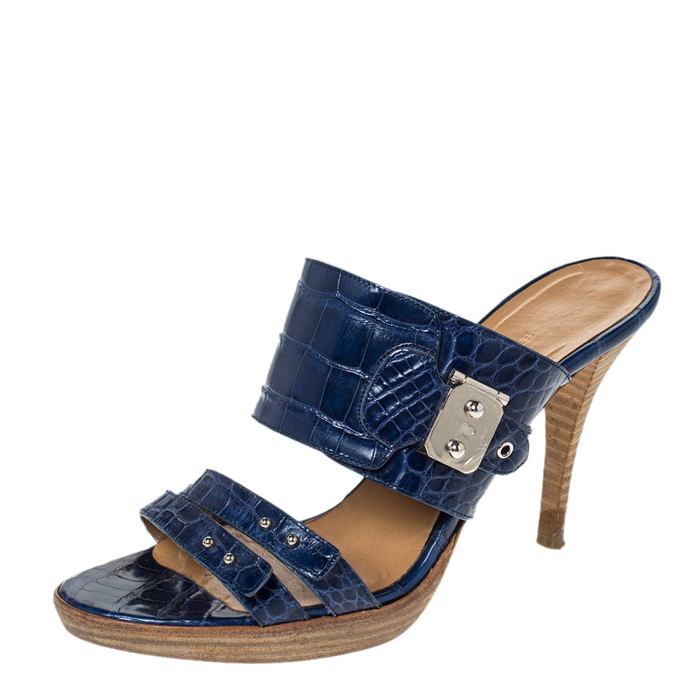 Hermes Blue Alligator Leather Slide Sandals Size 38.5