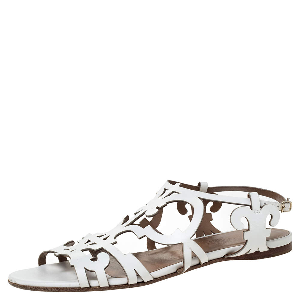 Pre Owned Hermes White Leather Karlotta Cut Out Flat Sandals Size 36