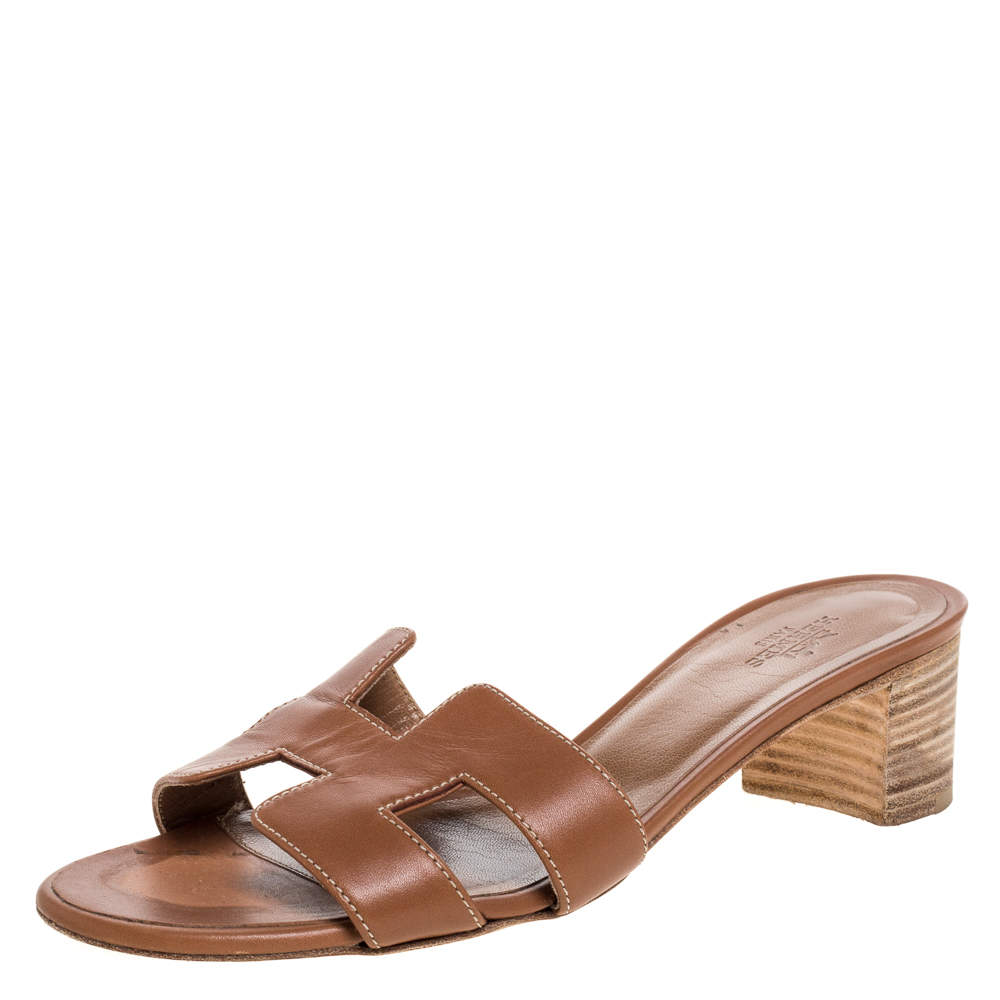 مملوكة مسبقًا Hermes Brown Leather Oasis Slide Sandals Size 36