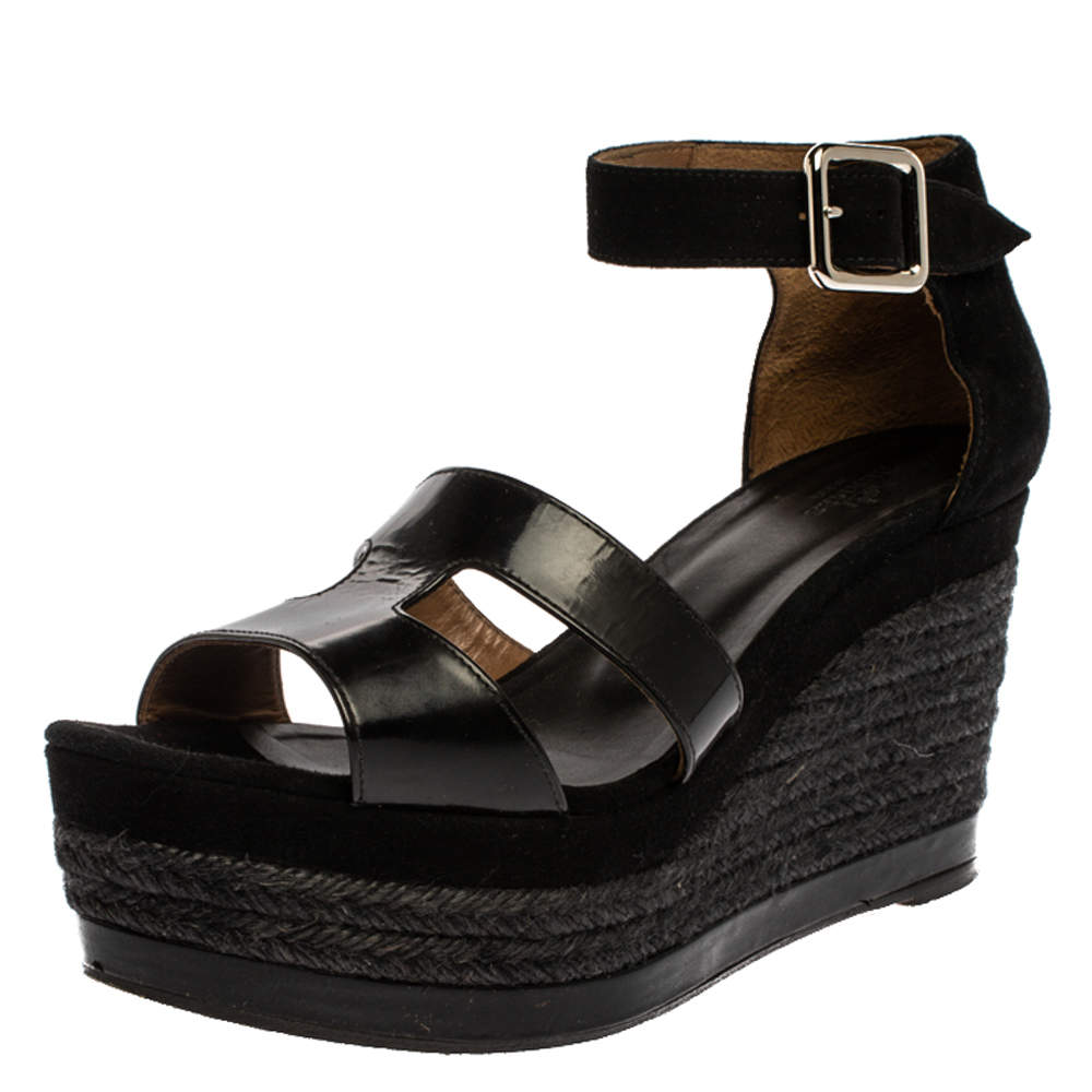 Hermes Black Suede and Patent Leather Ilana Espadrille Wedges Sandals Size 39