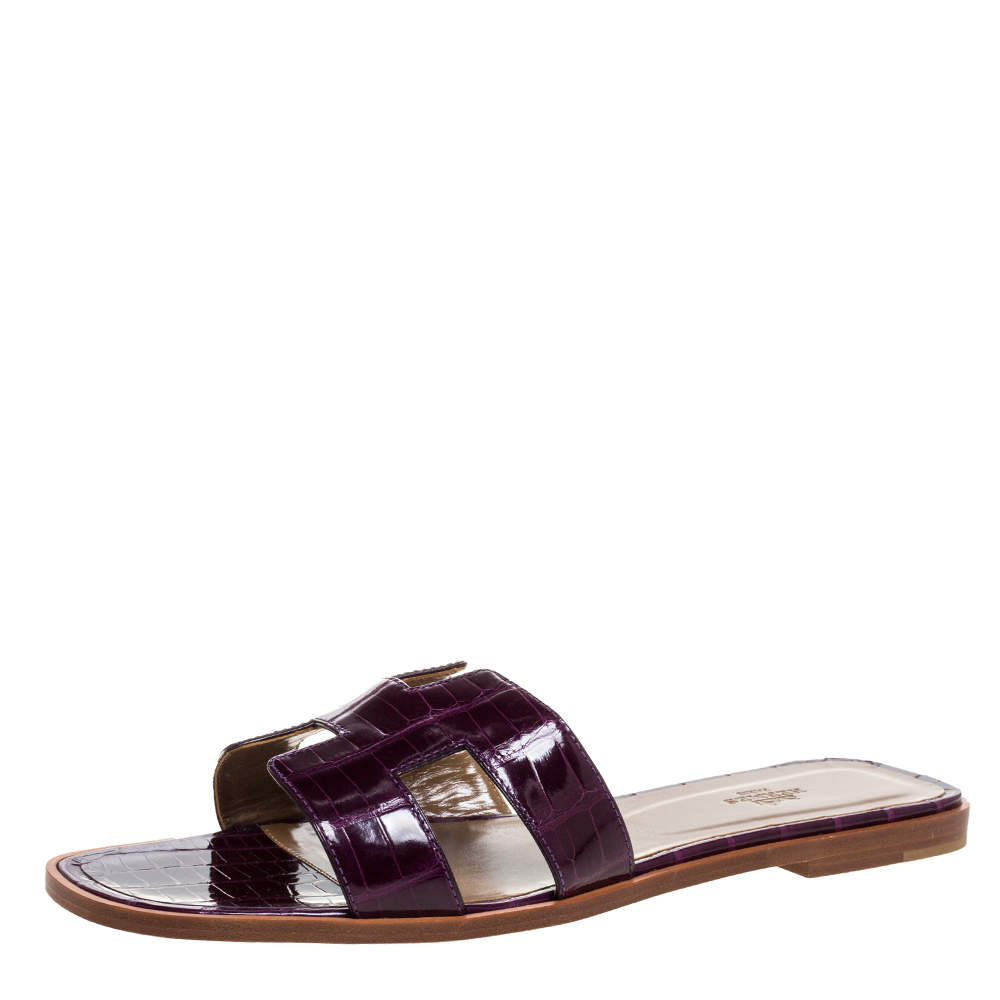 Hermes Purple Shine Alligator Oran Flat Sandals Size 42