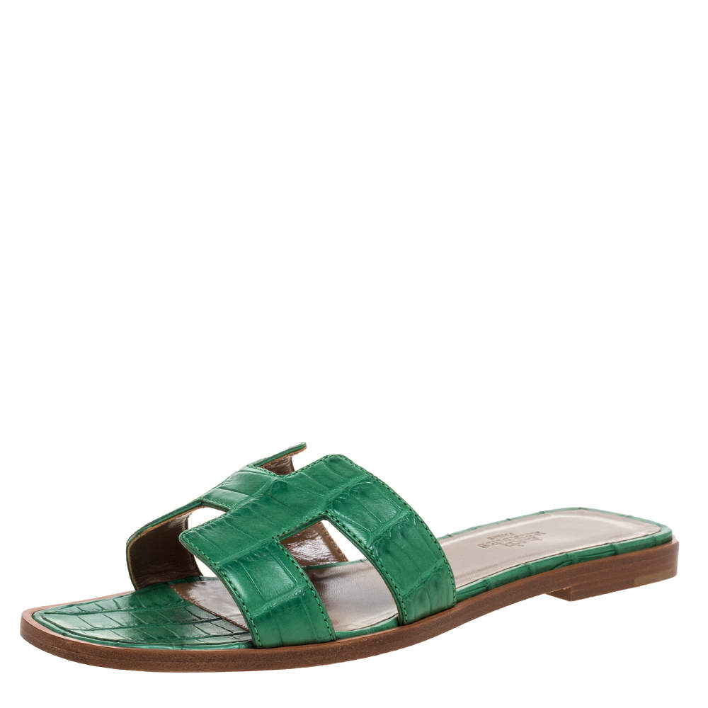 Hermes Green Matt Crocodile Oran Flat Sandals Size 36