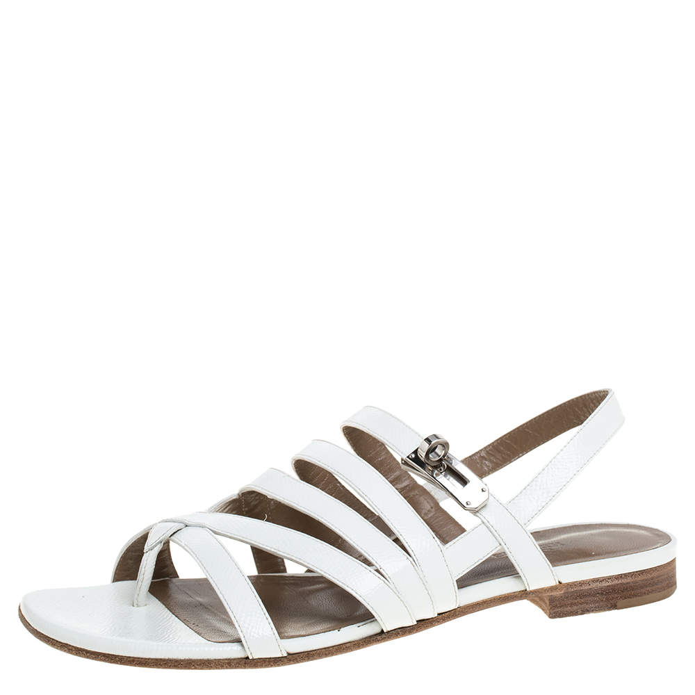 Hermes White Leather Marine Strappy Flat Sandals Size 38.5