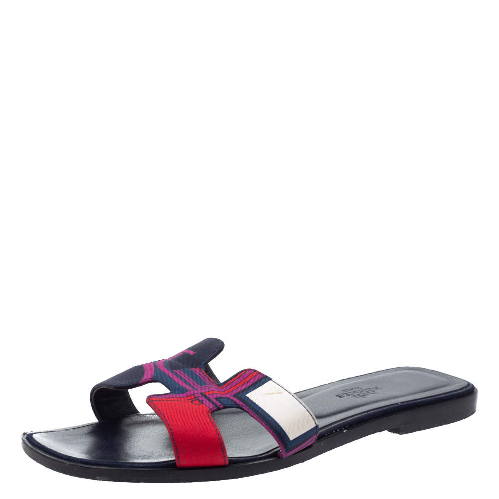 Pre Owned Hermes Multicolor Modernisme Tropical Print Canvas Oran Flat Slides Size 37.5