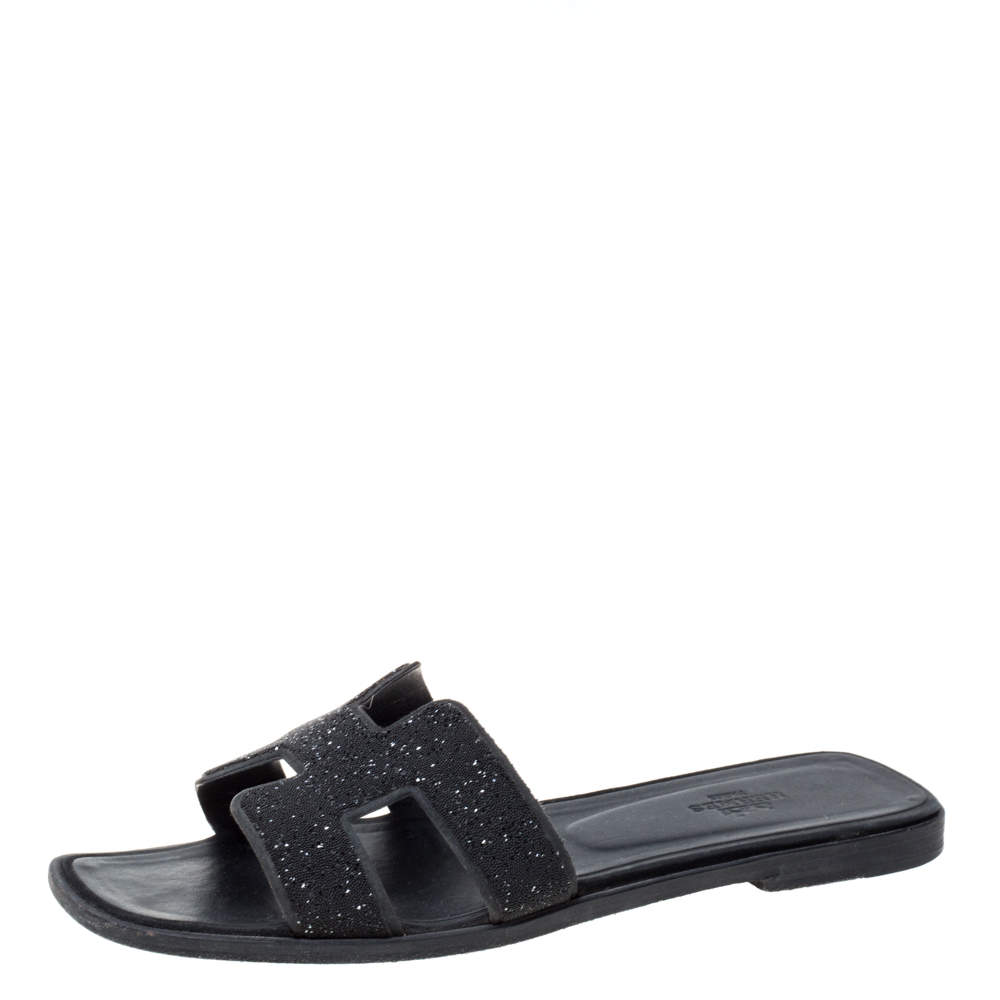 Hermes Black Glitter Oran Flat Slides Size 39 Hermes TLC