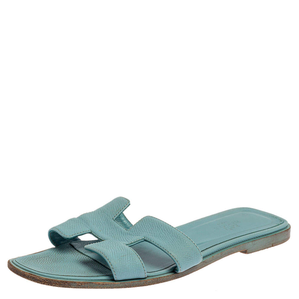 Hermes Light Blue Leather Oran Flat Sandals Size 38.5