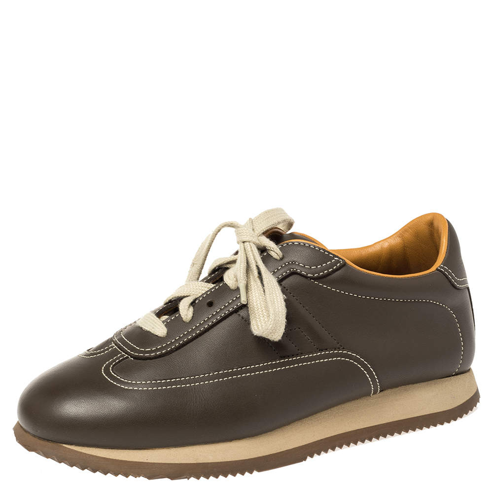 Pre Owned Hermes Brown Leather Lace Up Low Top Sneakers Size 40.2