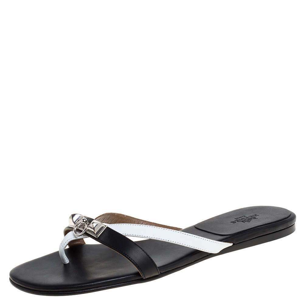 Hermes Black/White Leather Corfu Thong Sandals Size 37