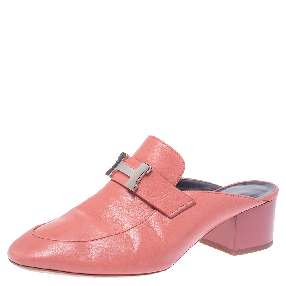 Pre Owned Hermes Peachy Pink Leather Trocadero Mule Sandals Size 36