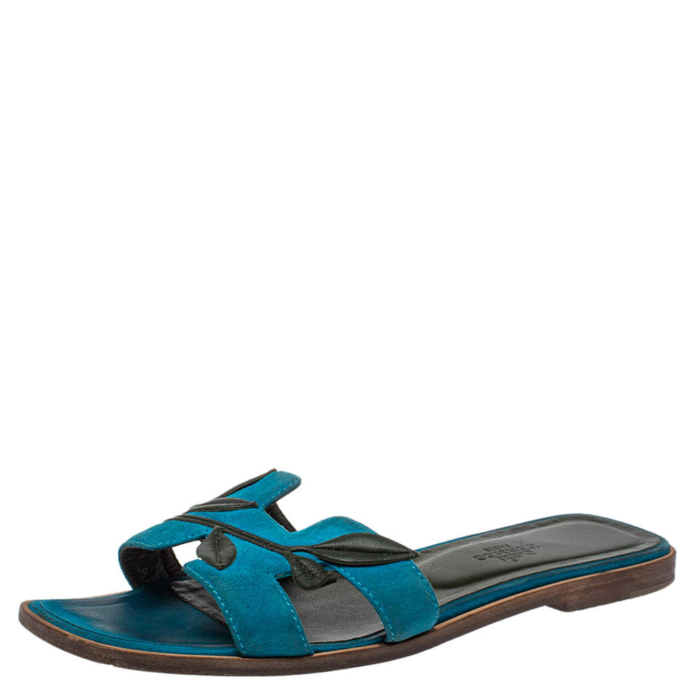 Hermès Blue Suede Oran Laurier Sandals Size 38