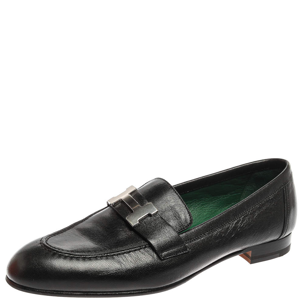 Pre Owned Hermès Black Leather Paris Loafers Size 37.5