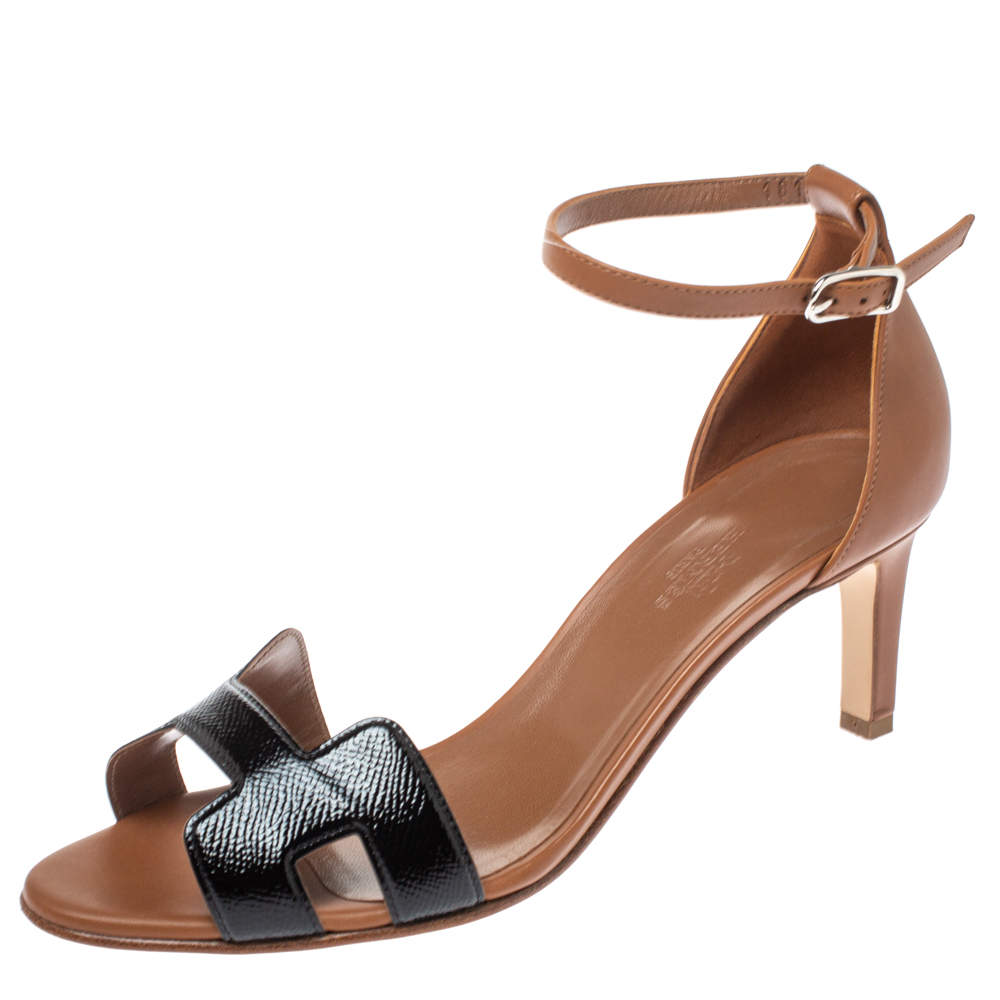 Hermes Brown/Black Patent Leather and Leather Night Ankle Strap Sandals Size 39