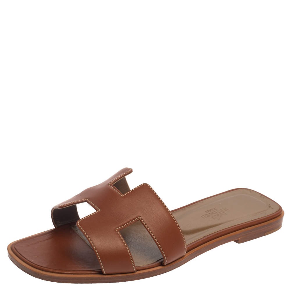 Hermes Brown Leather Oran Flat Slides Size 37.5