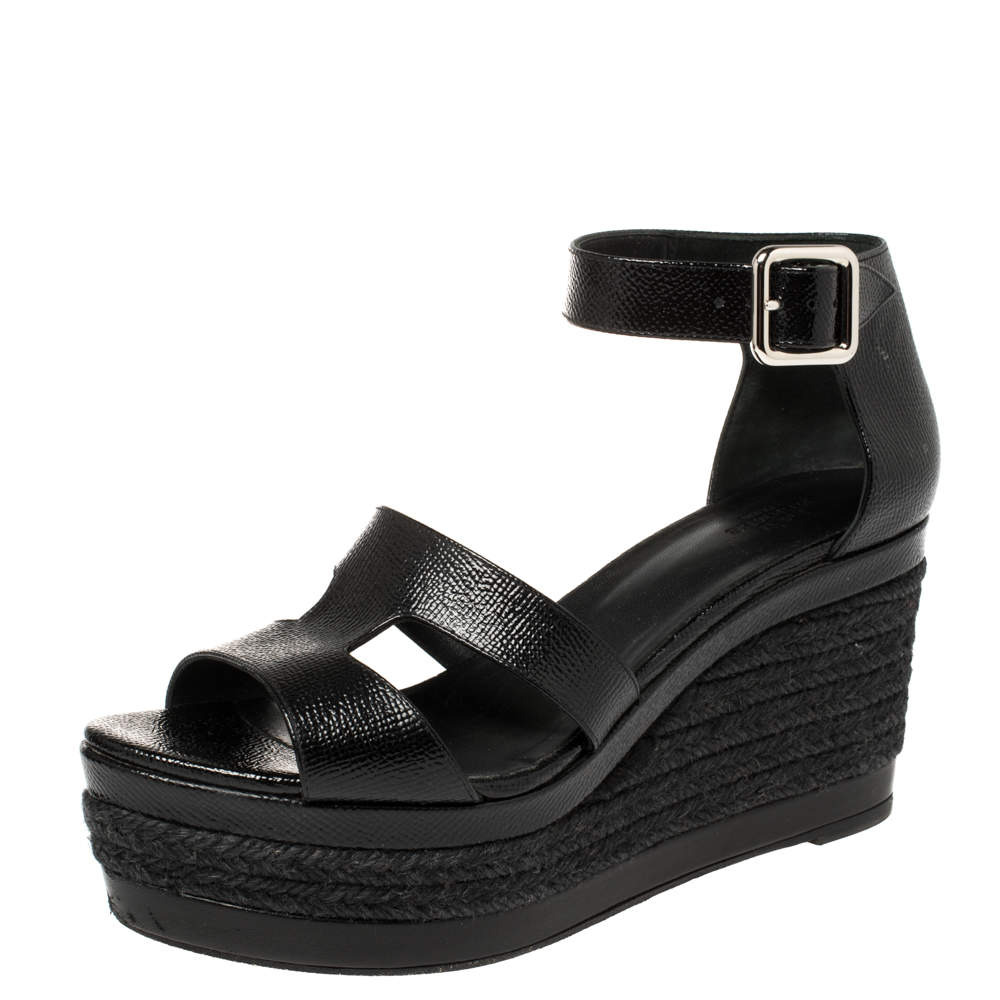 Hermes Black Textured Leather Ilana Espadrille Wedge Sandals Size 39 ...