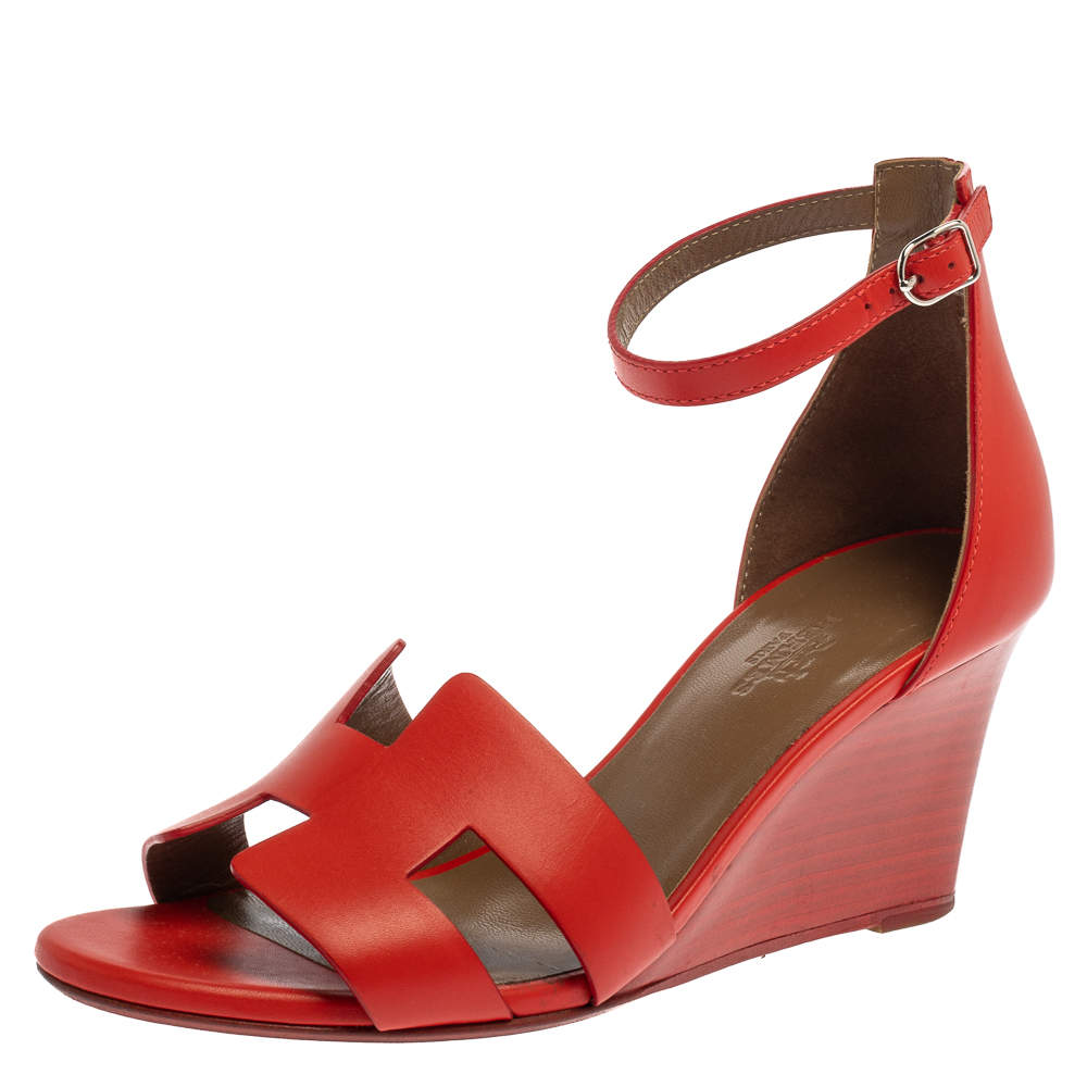 Hermes Red Leather Legend Ankle Strap Wedge Sandals Size 37