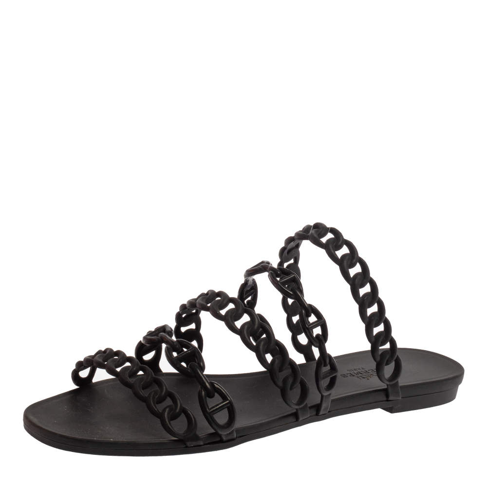 Hermes Black Rubber D'ancre Chaine Rivage Flats Size 40