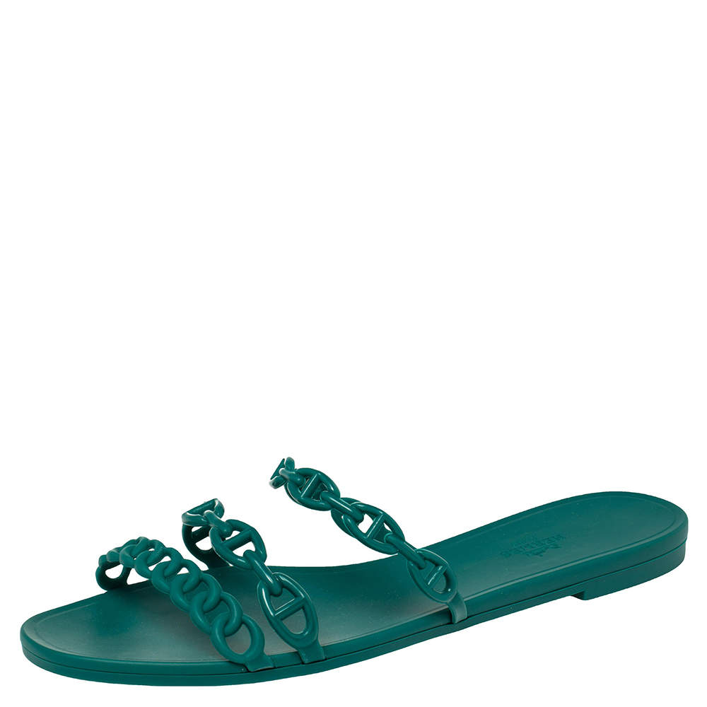 Hermes Green Rubber Chaine D'Ancre Rivage Slide Sandals Size 41