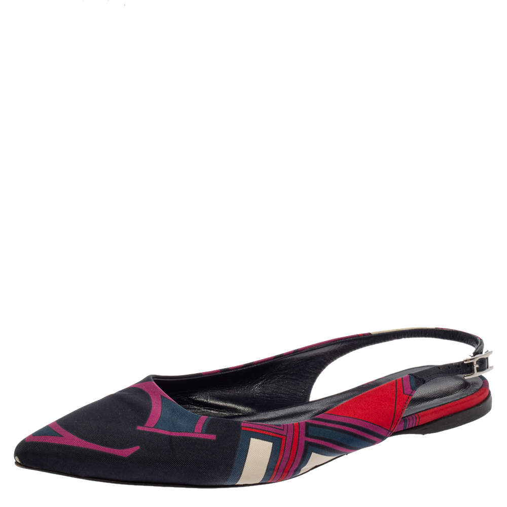 مملوكة مسبقًا Hermes Navy Blue Printed Silk Laura Slingback Flat Sandals Size 37