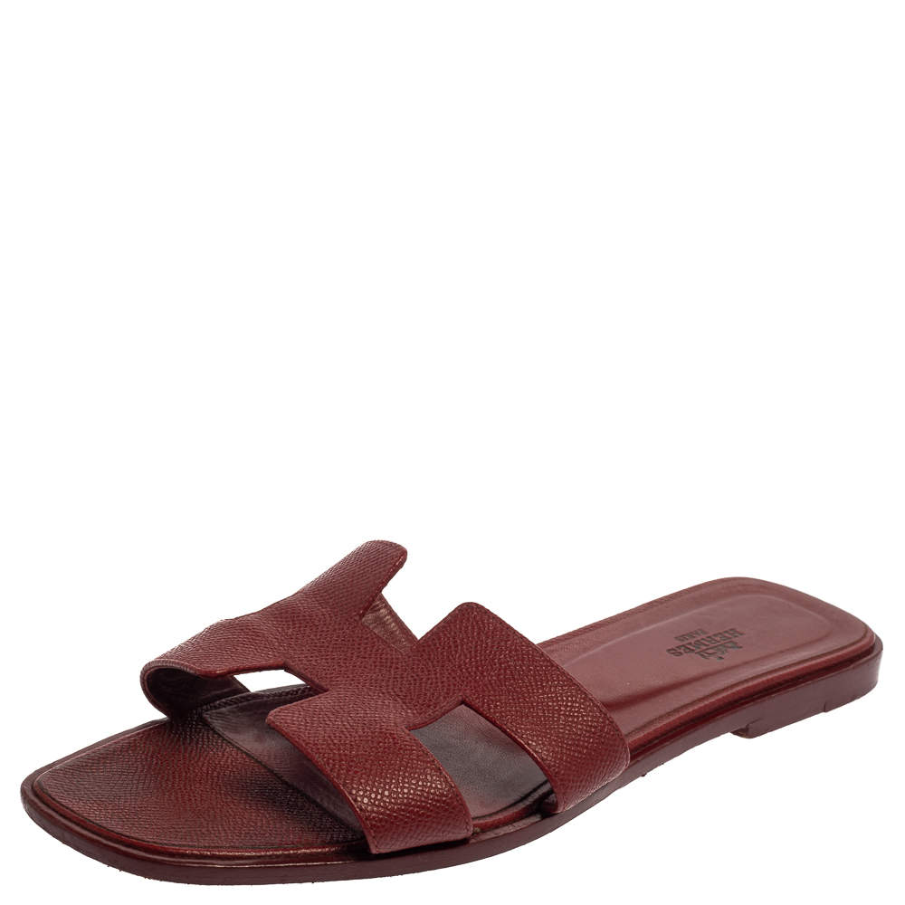 Pre Owned Hermes Burgundy Leather Oran Flats Size 40