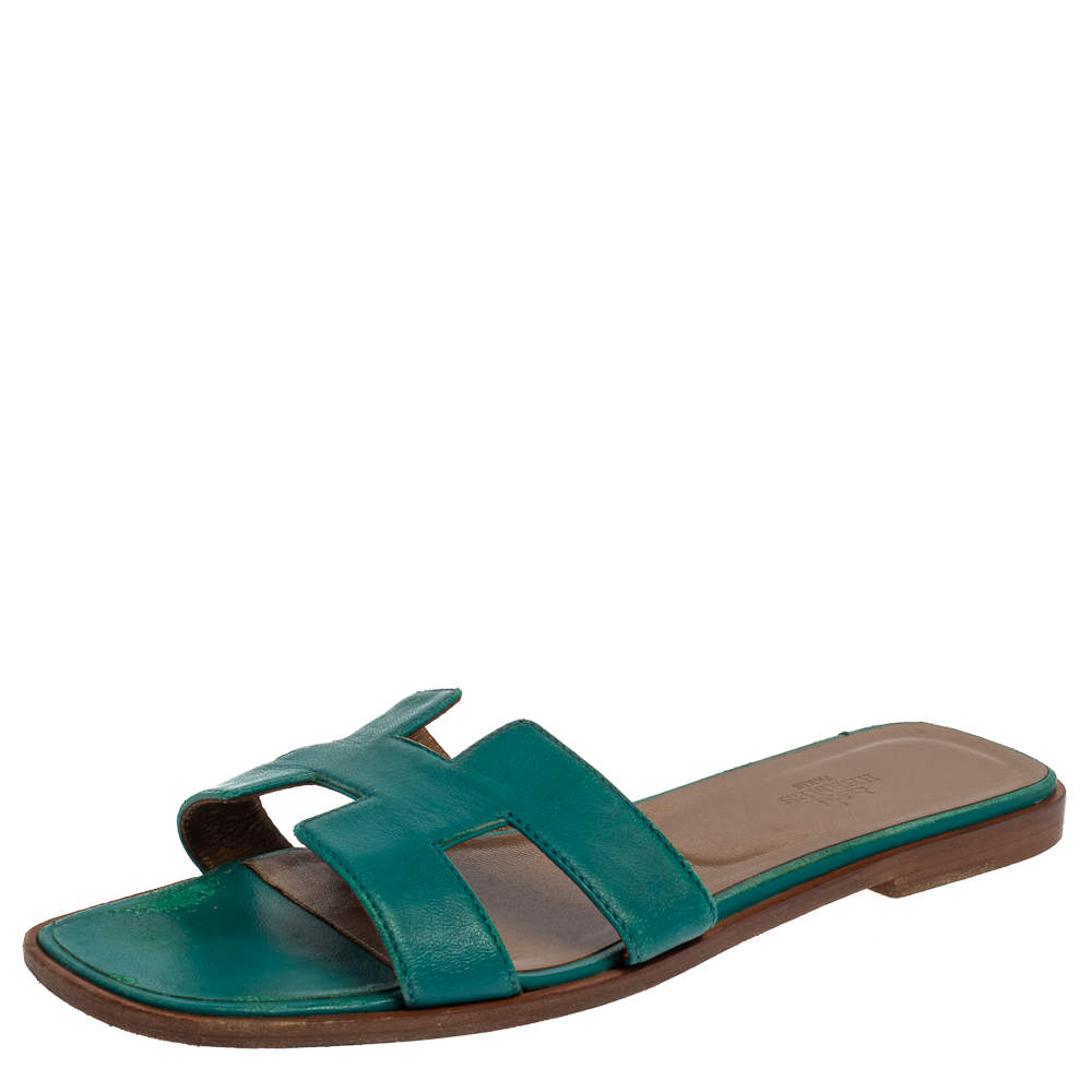 Hermes Teal Green Leather Oran Flat Slides Size 38.5