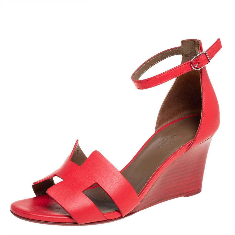 Hermes Red Leather Legend Wedge Sandals Size 37