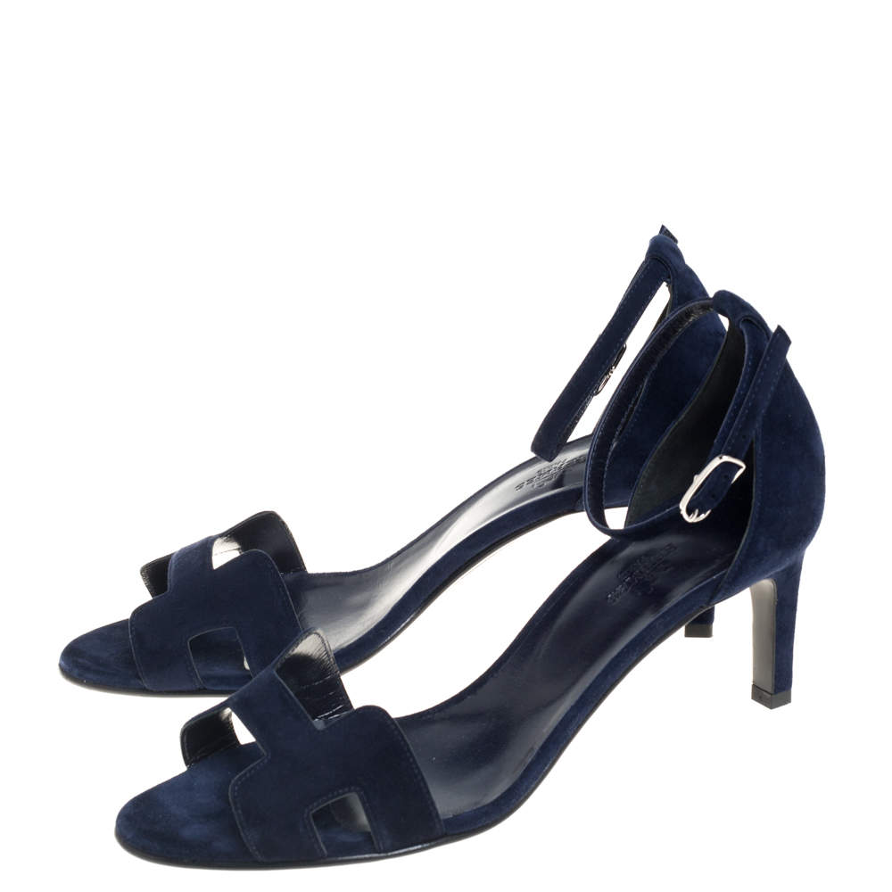 Pre Owned Hermes Navy Blue Suede Premiere Ankle Strap Sandals Size 39.5