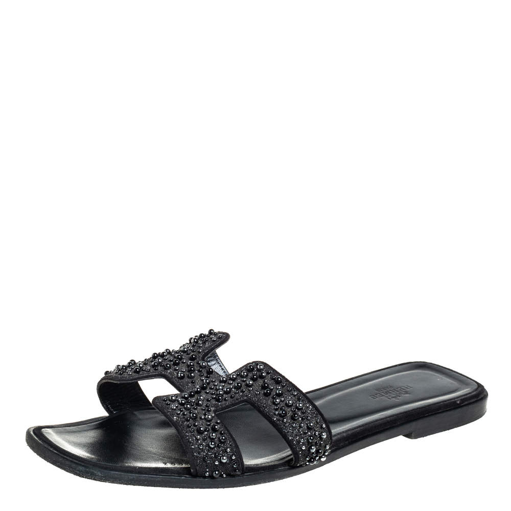 Pre Owned Hermes Black Glitter Suede Embellished Oran Flat Slides Size 40