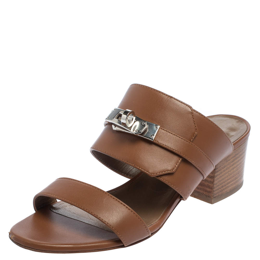 Pre Owned Hermes Brown Leather Avenue Slide Sandals Size 35