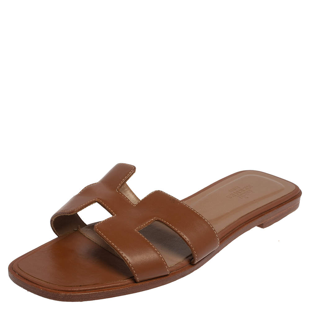 Hermes Brown Leather Oran Flat Slides Size 38