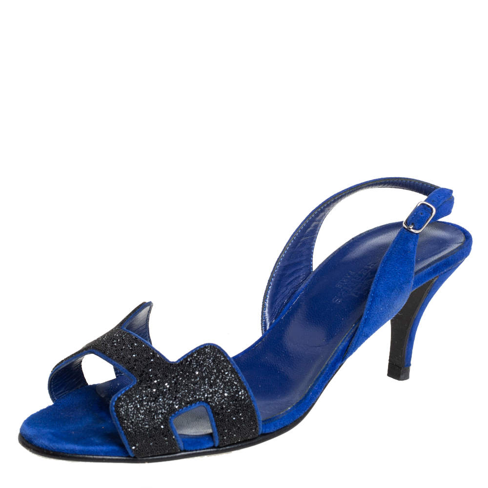 Pre Owned Hermes Blue Suede And Glitter Night Slingback Sandals Size 36