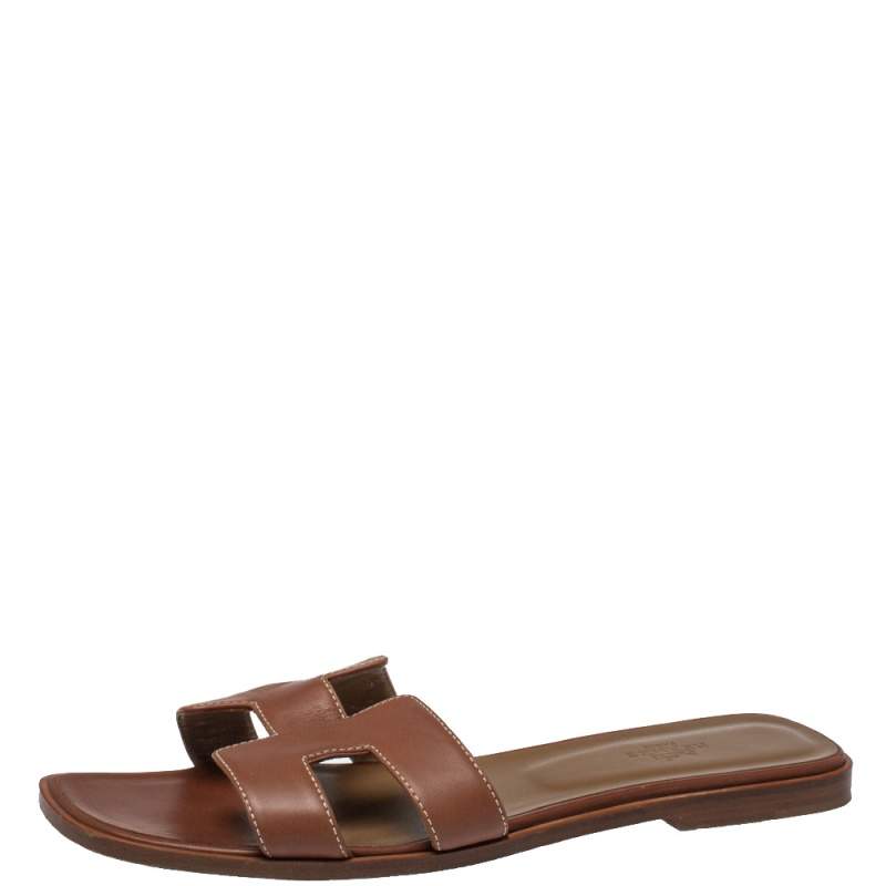 Hermes Brown Leather Oran Flat Slides Size 40