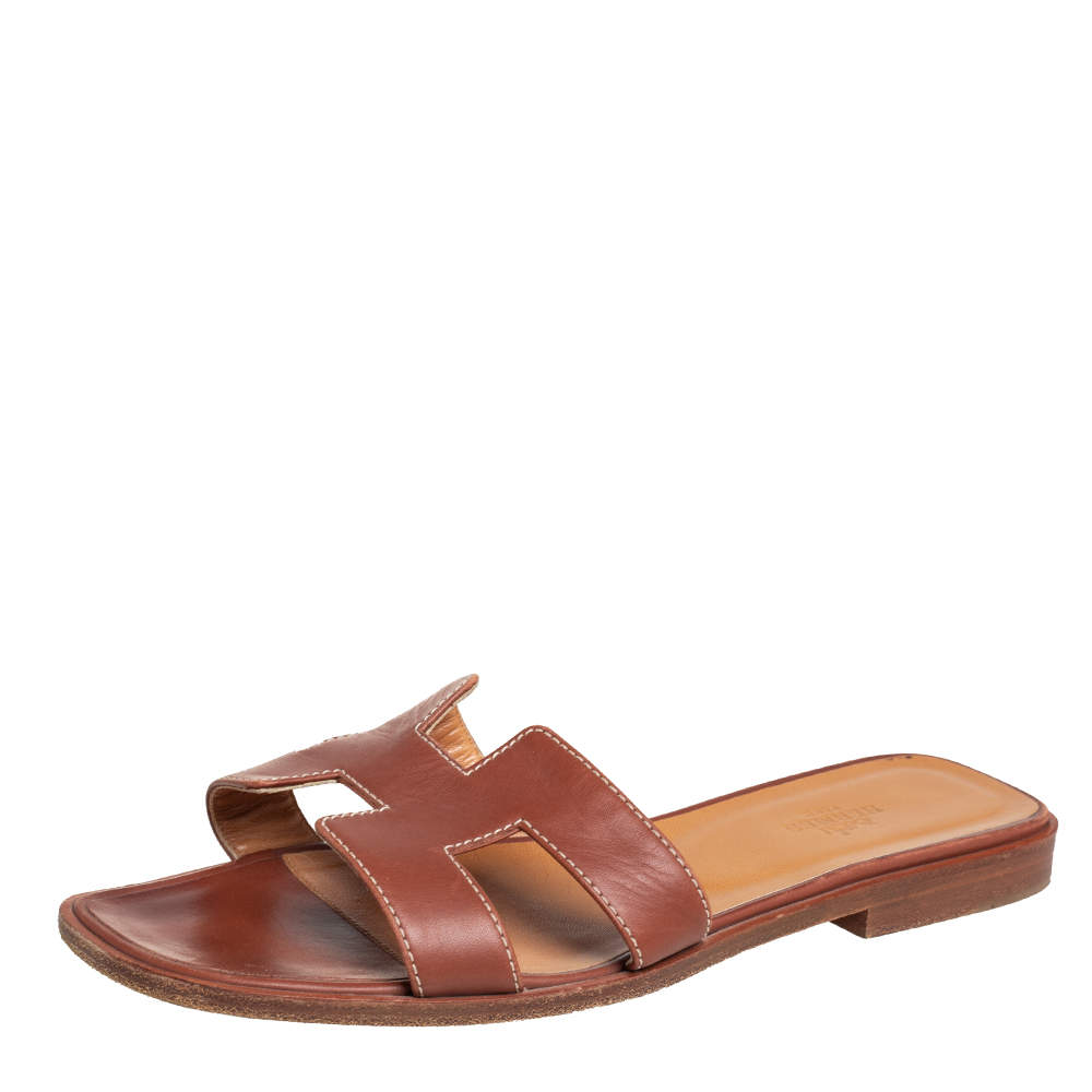 Hermés Brown Leather Oran Slide Sandals Size 38