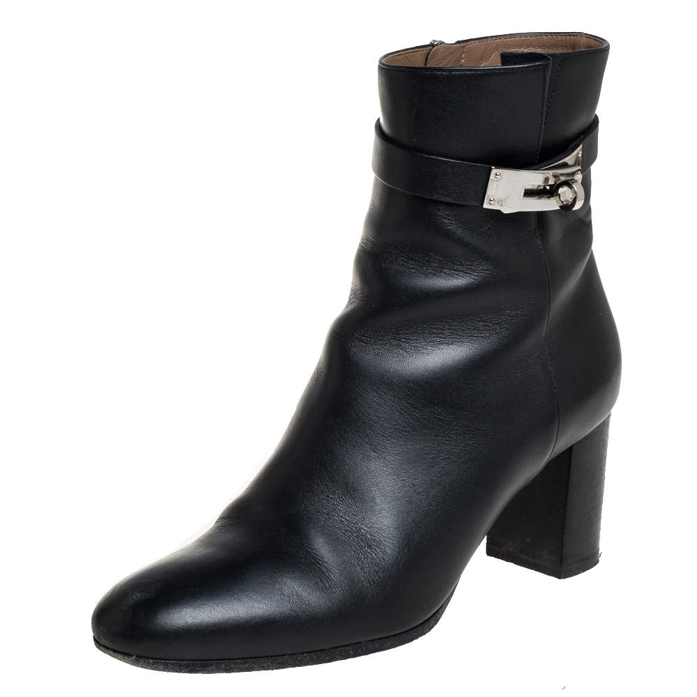 Pre Owned Hermes Black Leather Kelly Ankle Boots Size 37.5