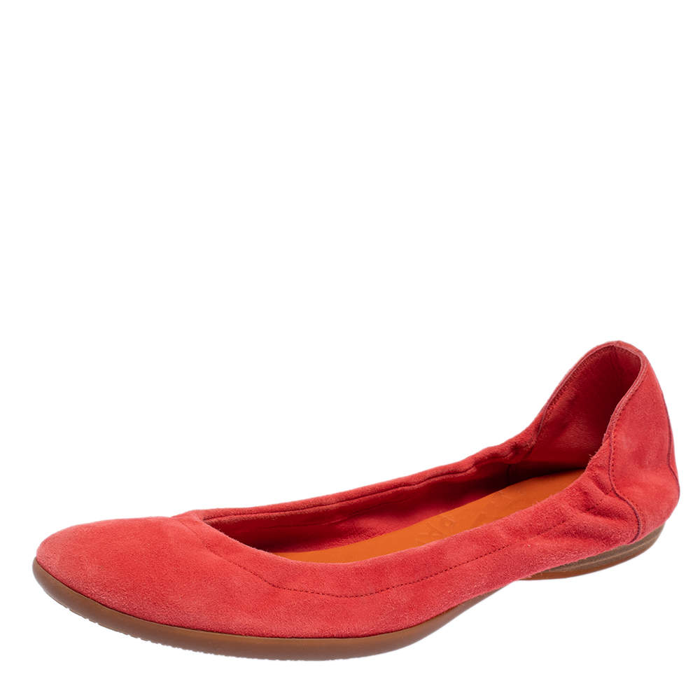 Pre Owned Hermes Coral Orange Suede Ballet  Flats Size 38