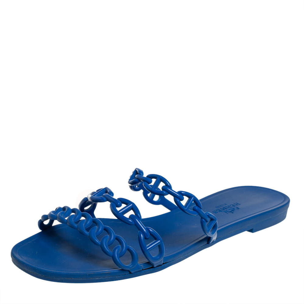 Hermés Blue Rubber Chaîne d'Ancre Rivage Flat Slides Size 37